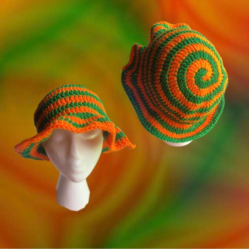 crochet green and orange spiral bucket hat HANDMADE
